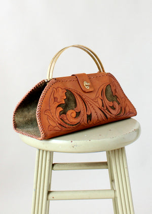 Vintage 1950s Tooled Leather and Green Suede Purse