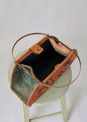Vintage 1950s Tooled Leather and Green Suede Purse