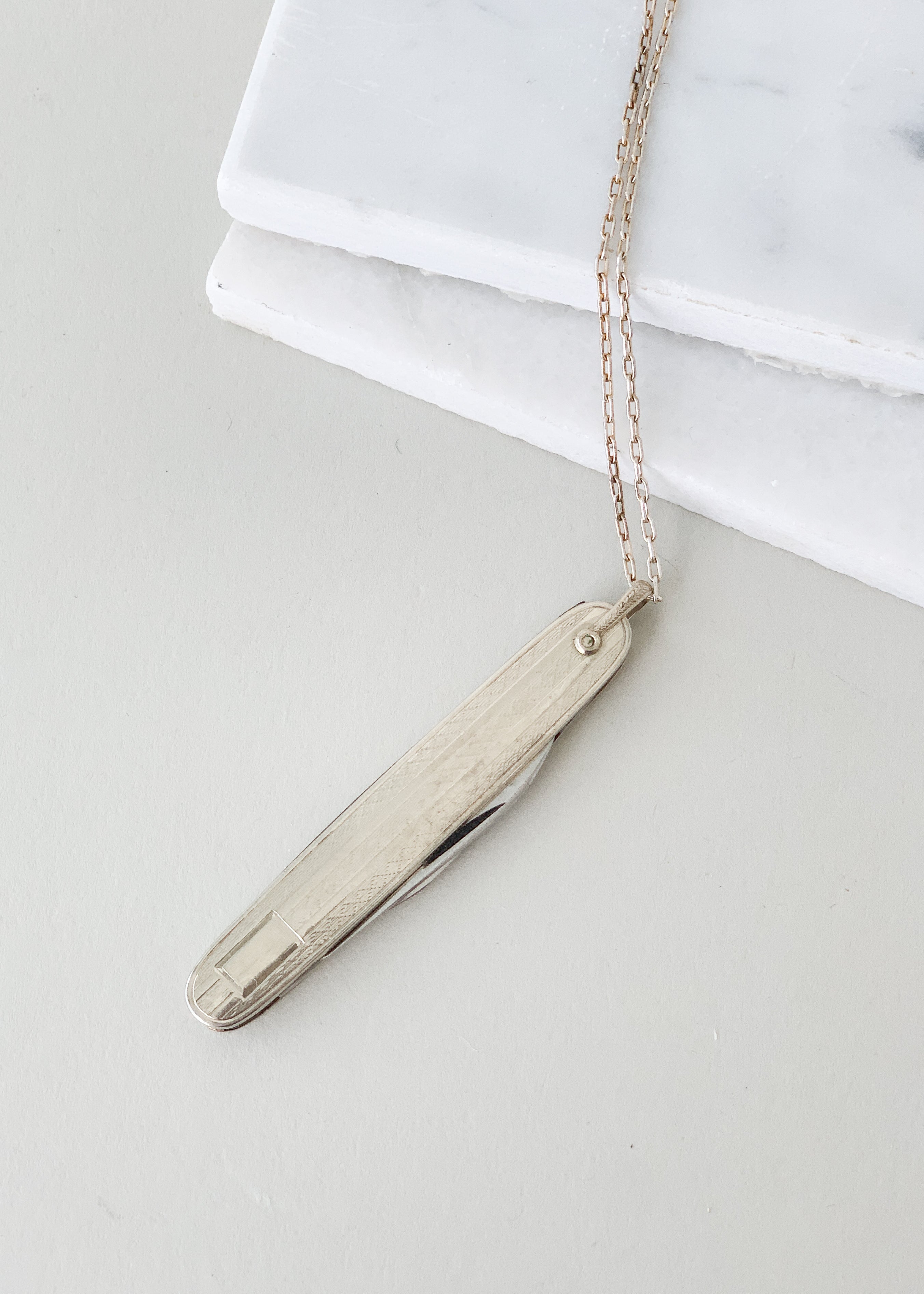 Vintage 1930s 14K White Gold Pocket Knife Necklace