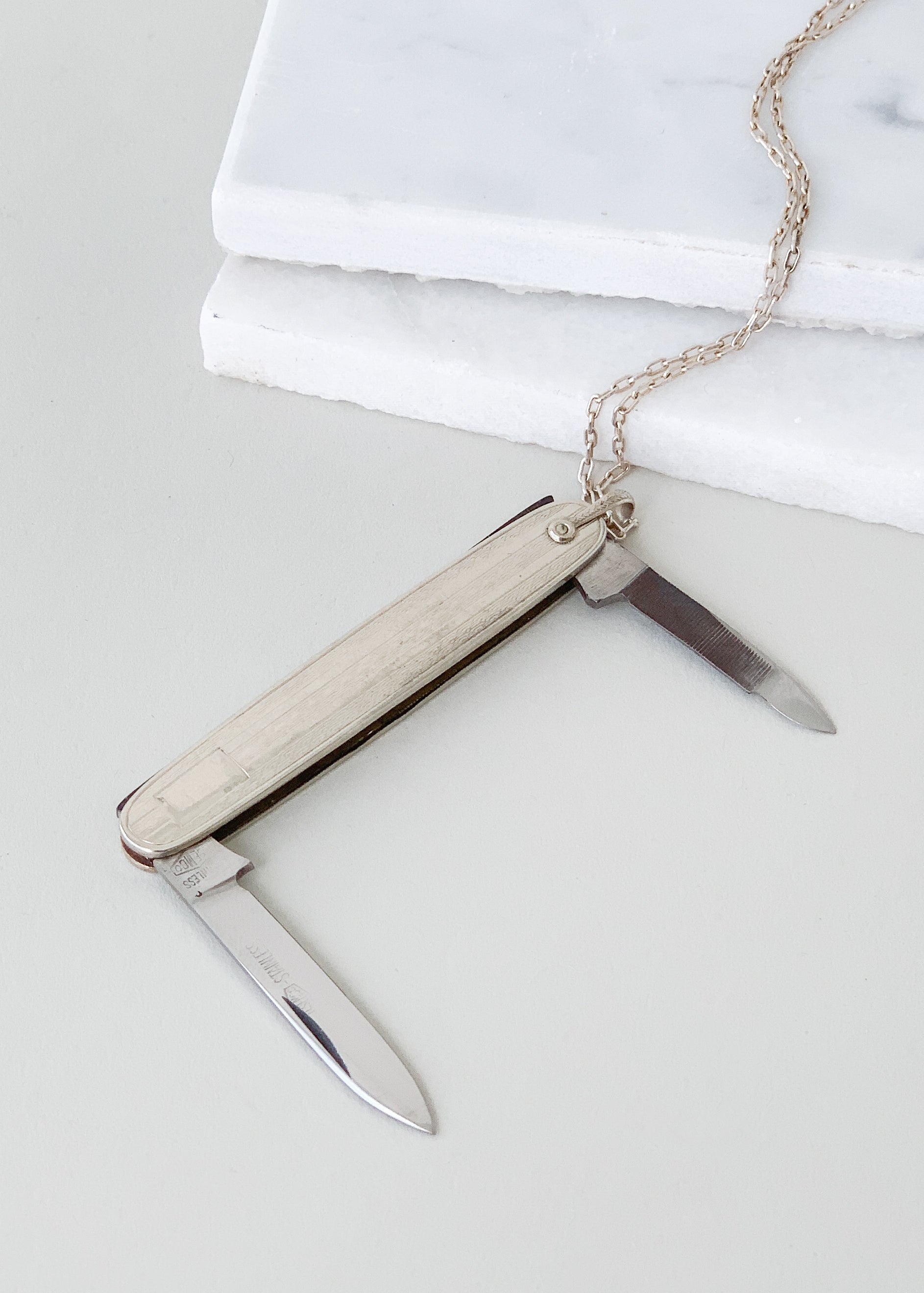 Vintage 1930s 14K White Gold Pocket Knife Necklace