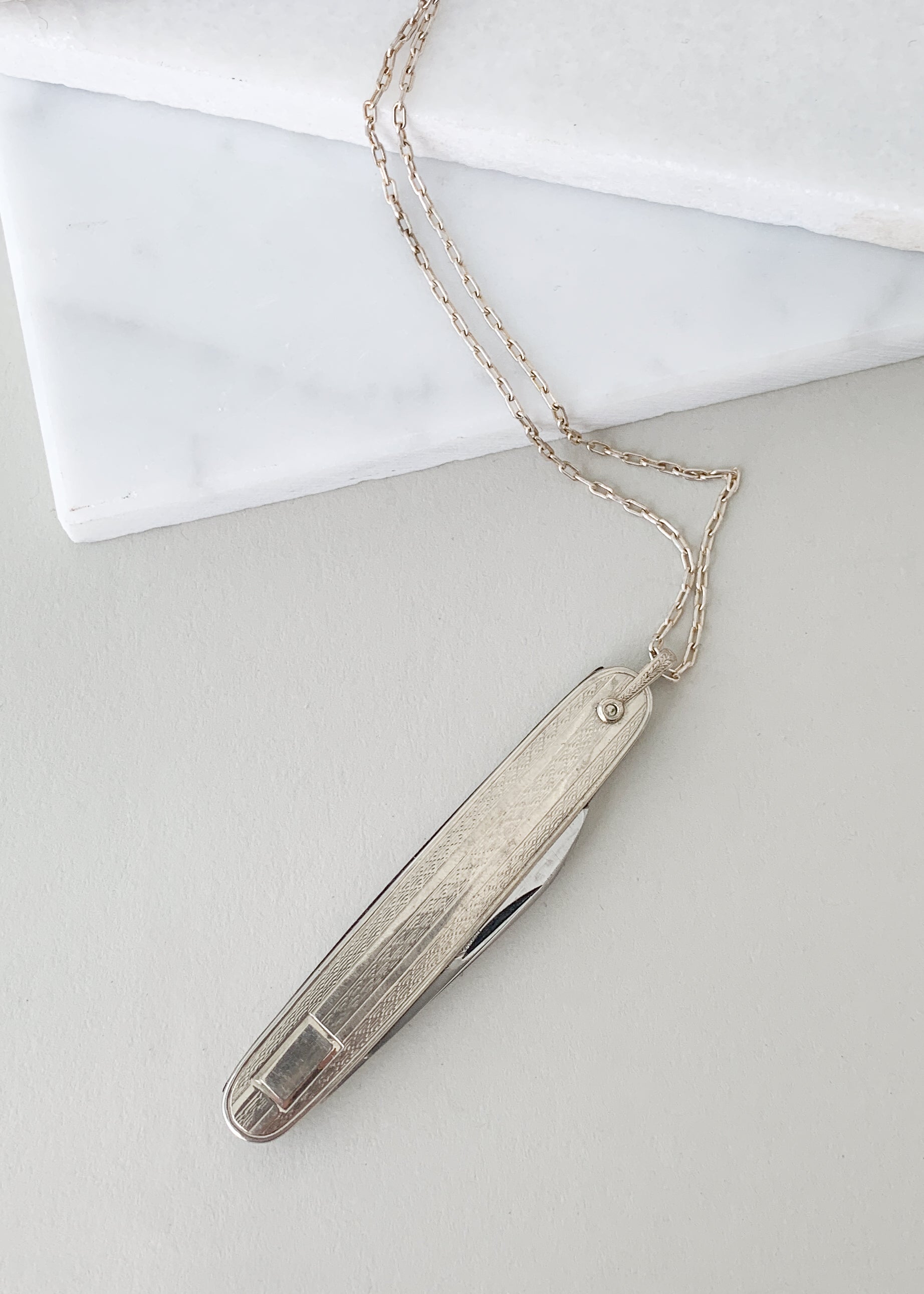 Vintage 1930s 14K White Gold Pocket Knife Necklace