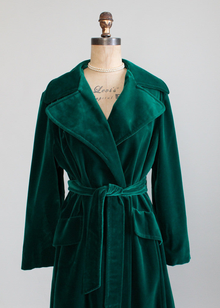 Vintage 1970s Emerald Green Velvet Wrap Trench Coat