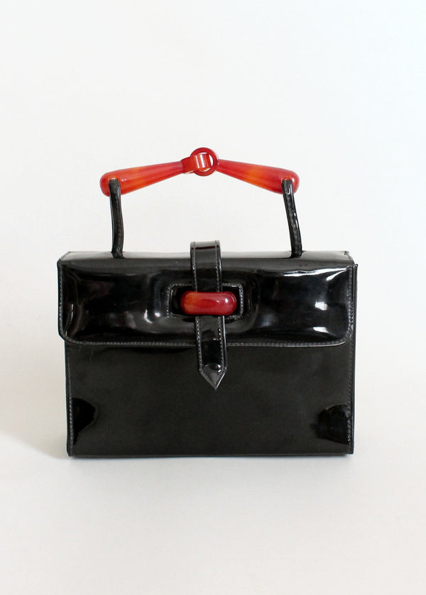 Vintage 1960s Black Patent Leather and Lucite MOD Purse - Raleigh Vintage