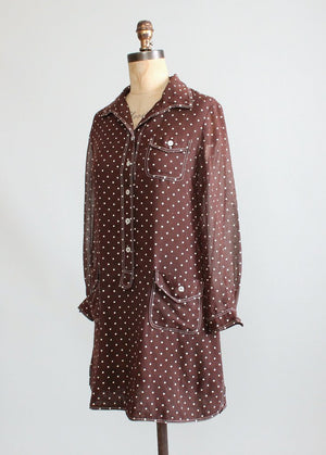Vintage 1960s MOD Brown Polka Dot Mini Dress
