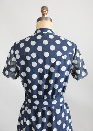 Vintage 1960s Rona Navy Polka Dot Shirt Dress
