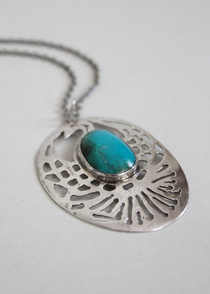 Vintage 1960s Silver and Turquoise Peacock Pendant Necklace