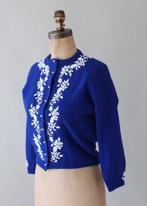 Vintage 1960s Blue and White Beaded Cardigan