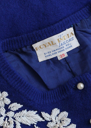 Vintage 1960s Blue and White Beaded Cardigan