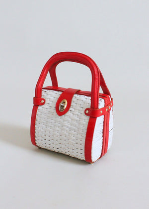 Vintage 1960s Red and White Wicker Purse