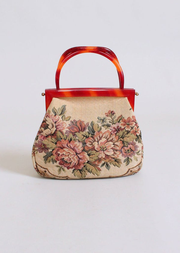 Vintage, Bags, Vintage Tapestry Handbag Lucite Handle