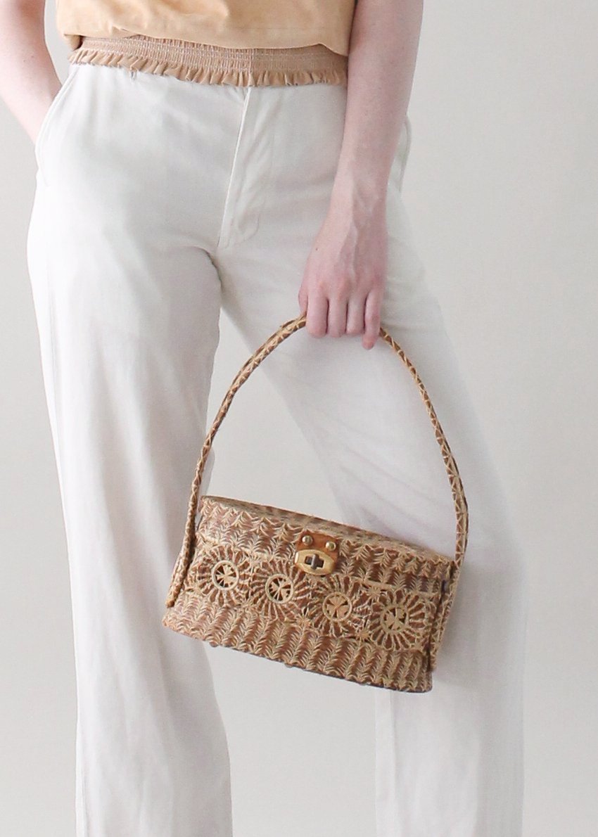 Vintage 1960s Woven Straw Basket Purse