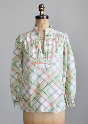 Vintage 1970s Plaid Cotton Tunic Shirt