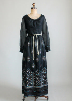 Vintage 1970s Shaheen Screen Printed Maxi Party Dress