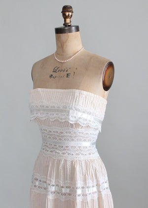 Vintage 1960s Strapless Cotton and Lace Boho Wedding Dress