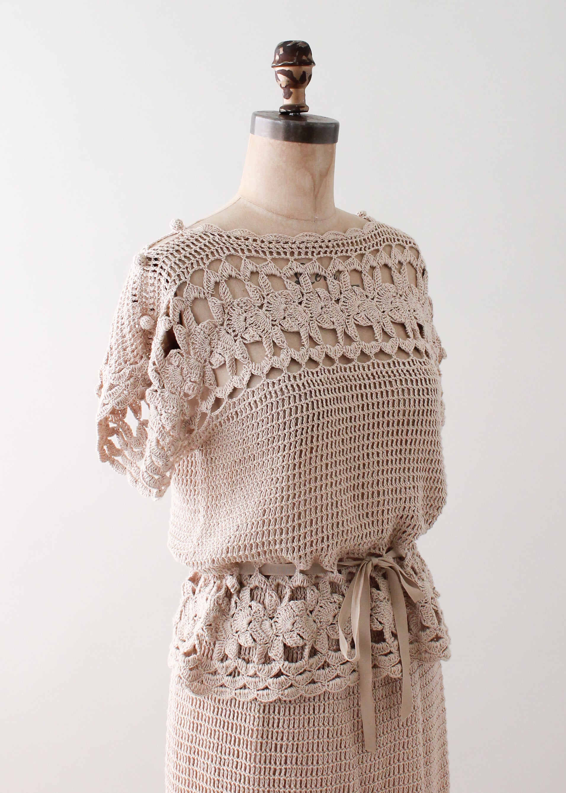 Vintage 1970s Tan Crochet Dress Set