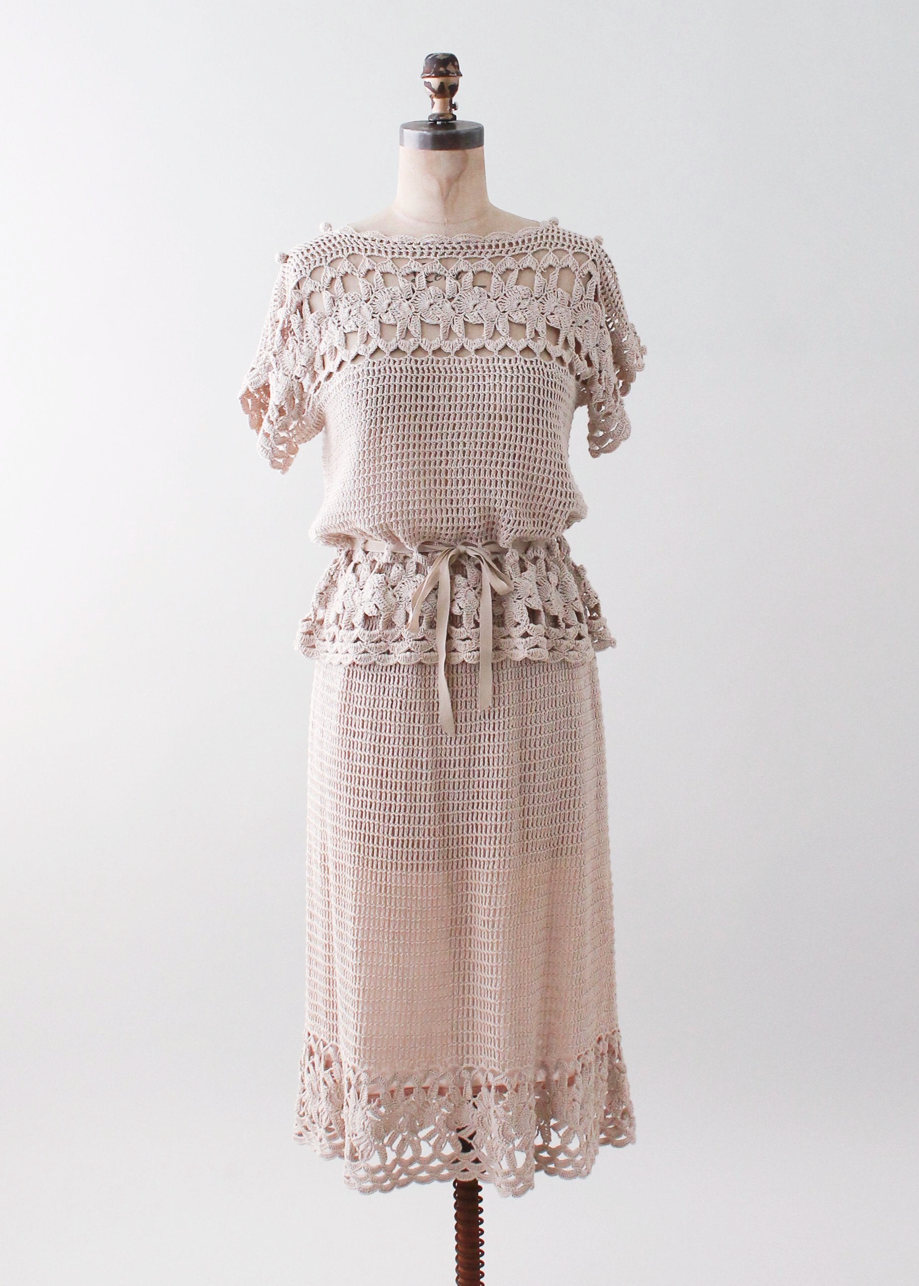 Vintage 1970s Tan Crochet Dress Set