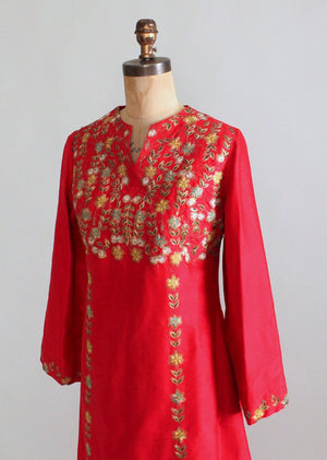 Vintage 1970s Indian Embroidered Red Silk Caftan