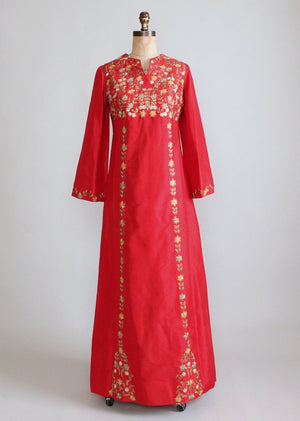 Vintage 1970s Indian Embroidered Red Silk Caftan