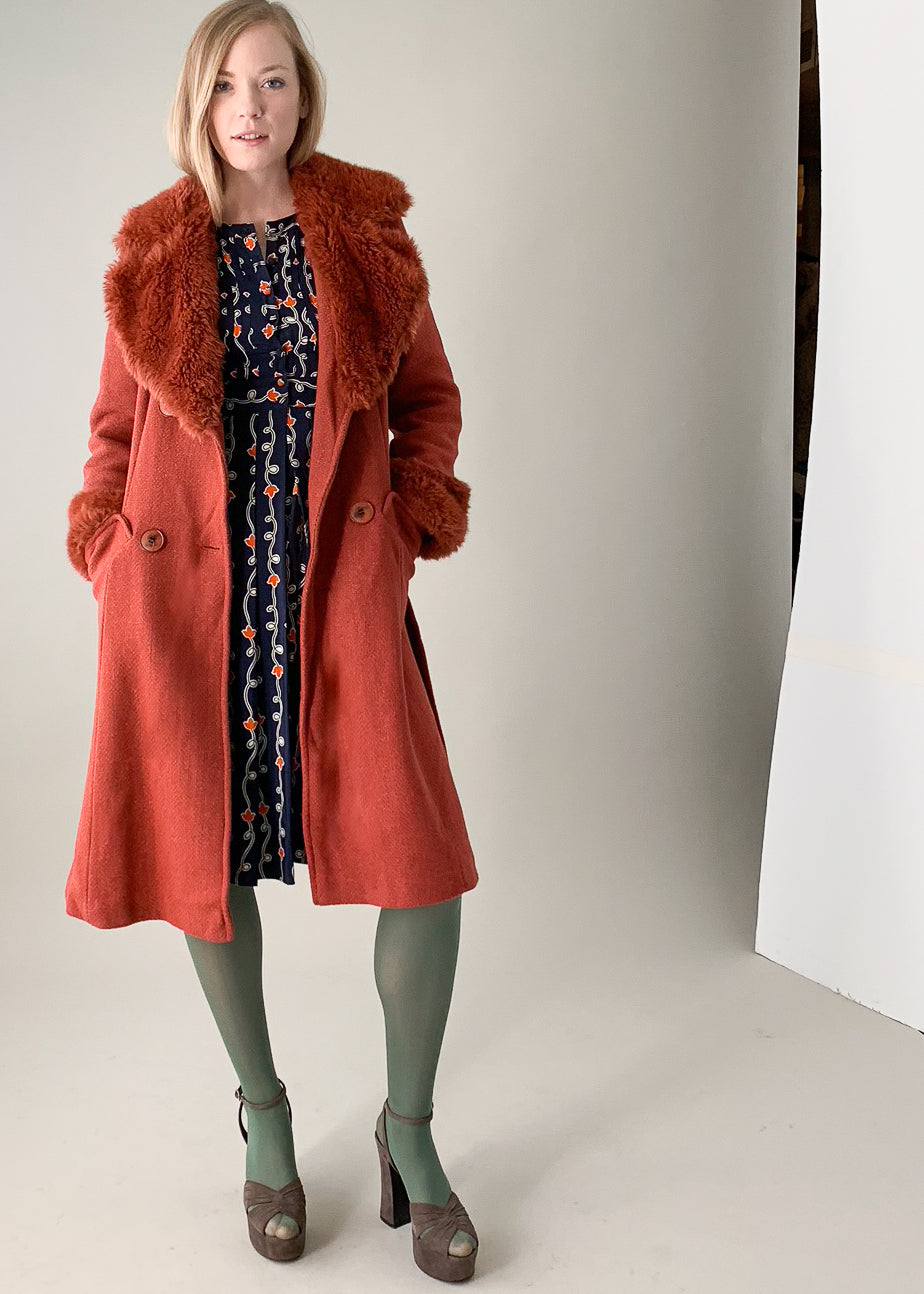 Vintage 1970s Russet Faux Fur Trimmed Belted Coat