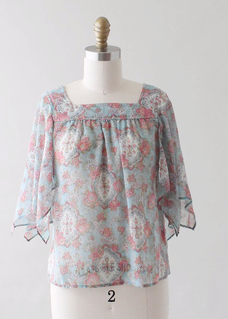 Vintage 1970s Floral Top with Handkerchief Sleeves