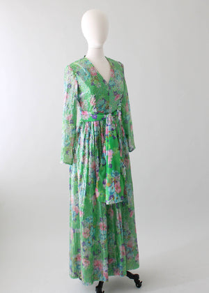 Vintage 1970s Green Floral and Sequined Party Dress