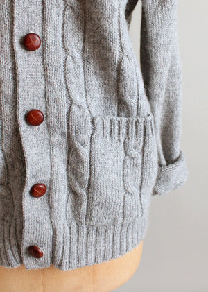 Vintage 1960s Grey Wool Cable Knit Boyfriend Cardigan
