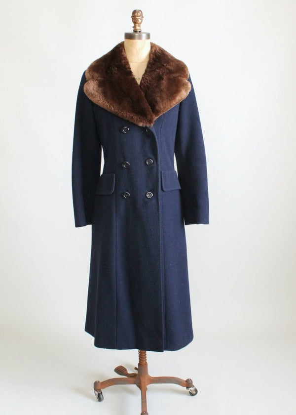 Vintage 1970s Navy Wool and Fur Collar Winter Coat Raleigh Vintage