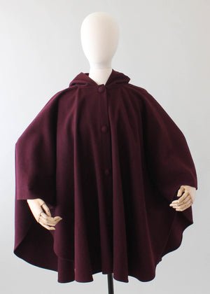 Vintage 1970s Plum Wool Hooded Poncho Cape