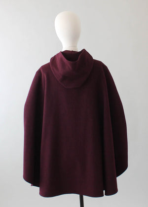 Vintage 1970s Plum Wool Hooded Poncho Cape