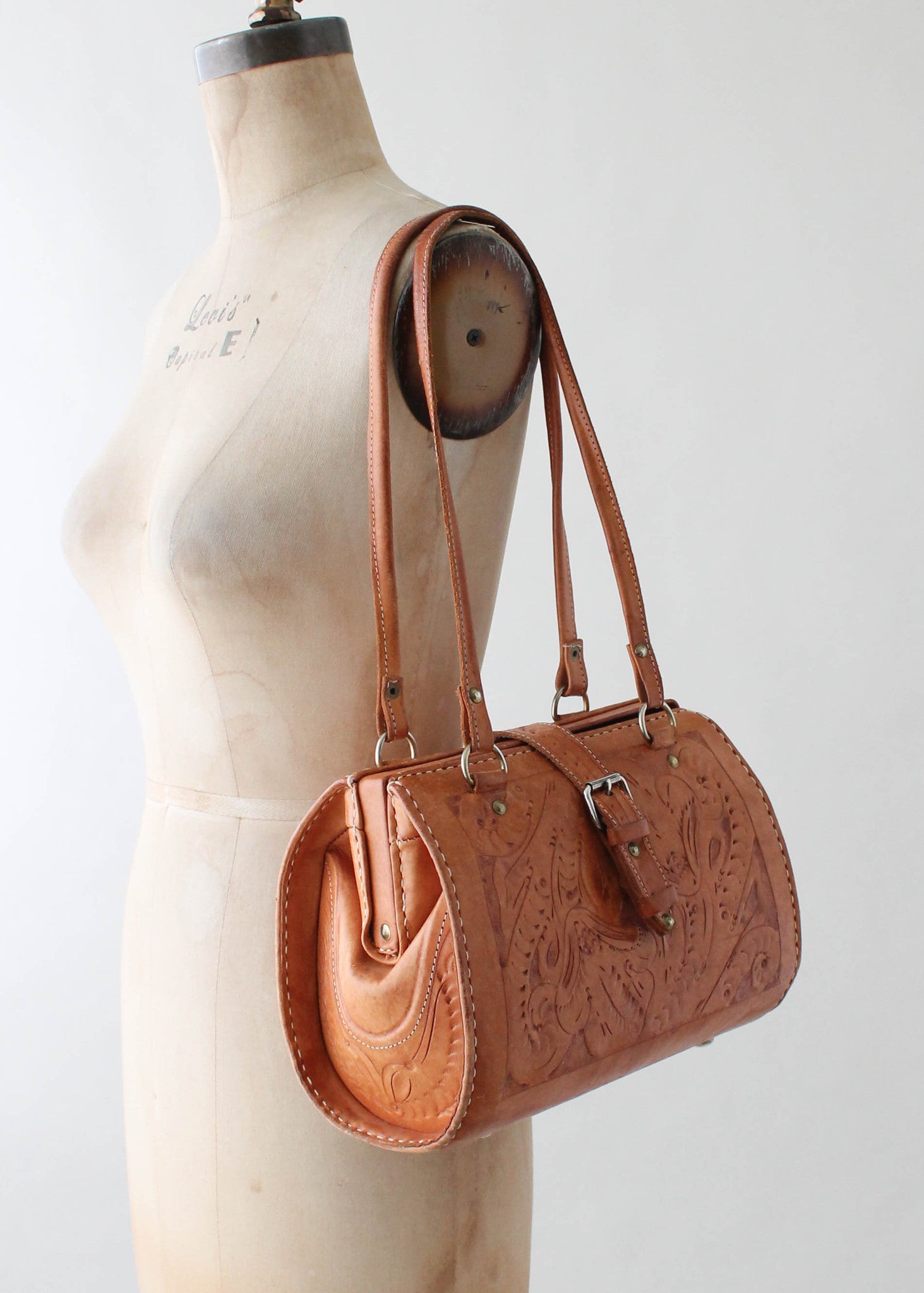 Vintage 1980s Tooled Leather Doctors Bag Purse