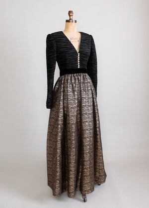 Vintage 1980s Mary McFadden Black and Gold Evening Gown