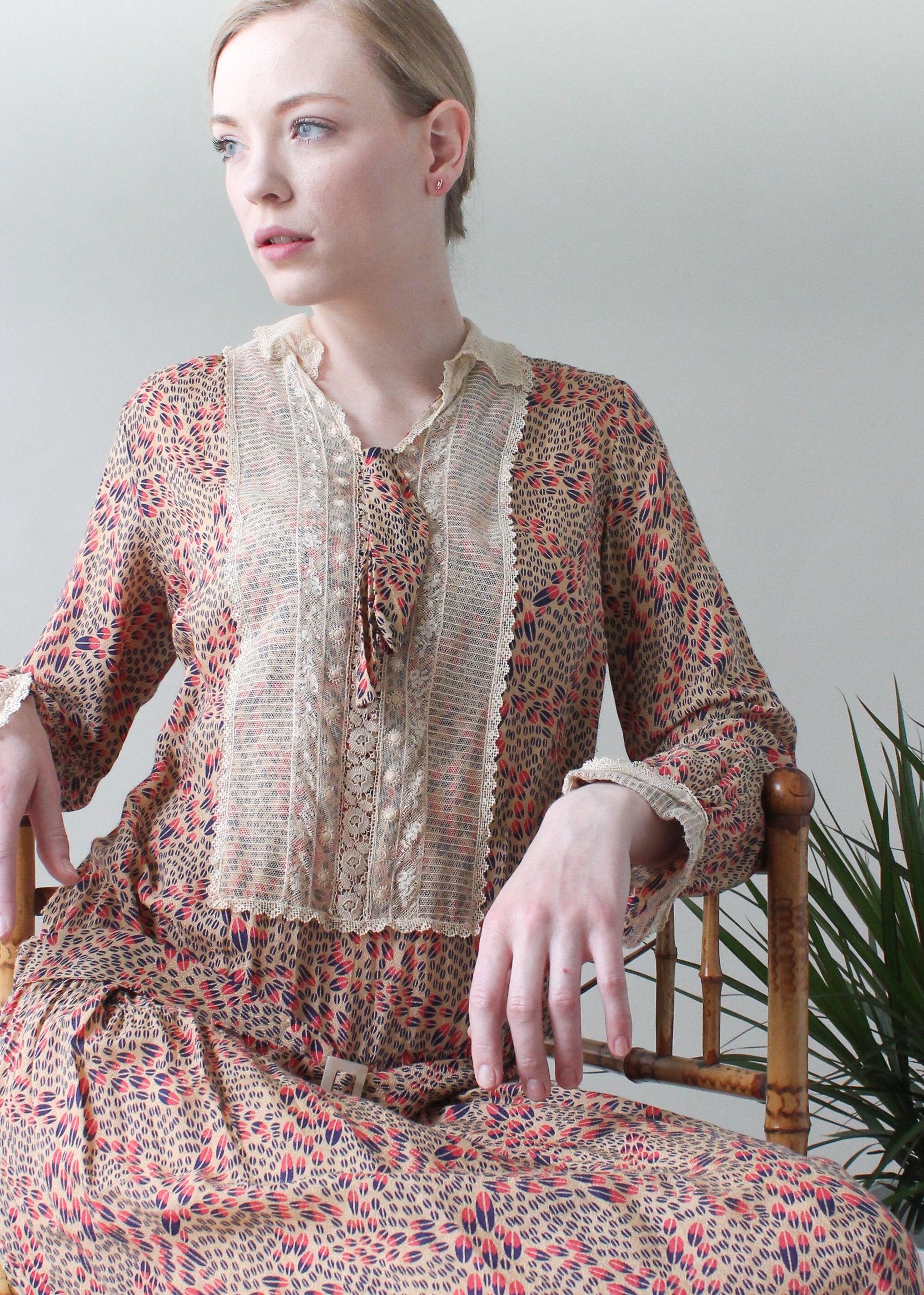 Vintage 1920s Silk Print and Lace Day Dress