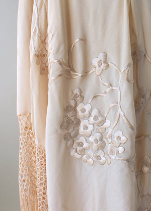 Vintage 1920s Embroidered Ivory Silk Shawl with Fringe