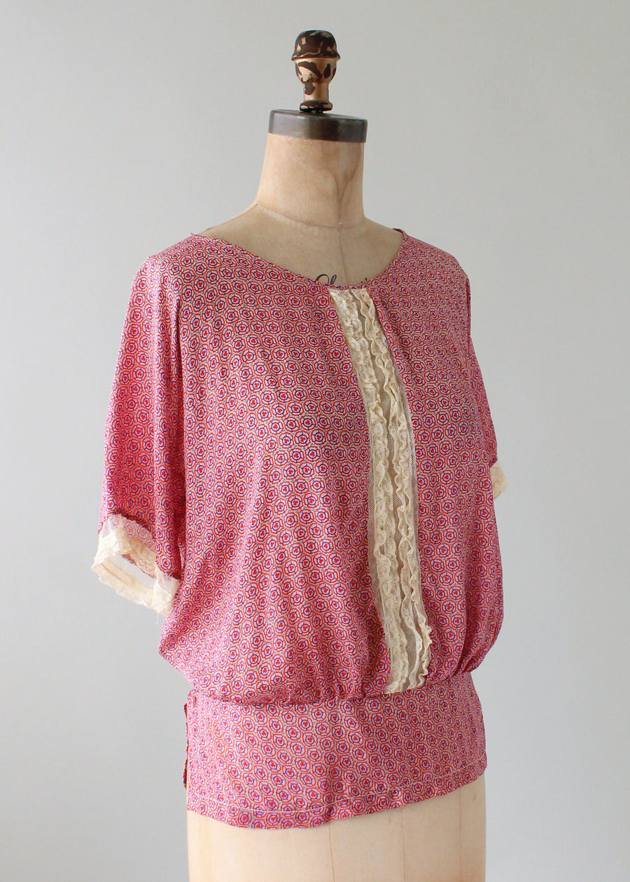 Vintage 1920s Pink Print Silk and Lace Blouse