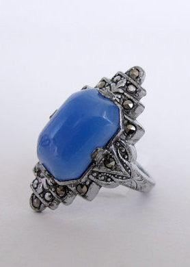 Vintage 1930s Art Deco Blue and Marcasite Cocktail Ring
