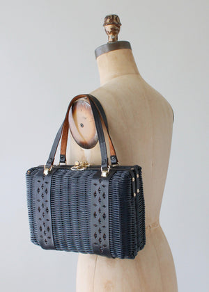 Vintage 1960s Navy Wicker and Leather Purse