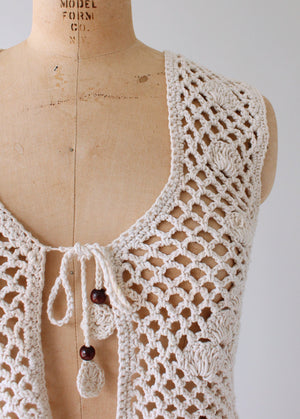Vintage 1970s Macrame Vest with Wood Beads