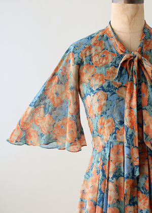 Vintage Floral Silk Dress with Flutter Sleeves
