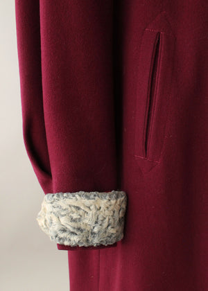 Vintage 1940s Cranberry Wool and Curly Lamb Fur Coat