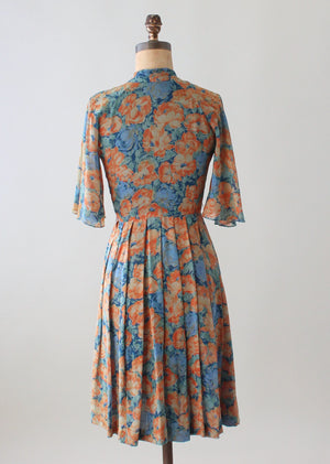 Vintage Floral Silk Dress with Flutter Sleeves