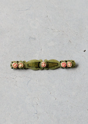 Vintage 1920s Painted Roses and Green Celluloid Bar Pin