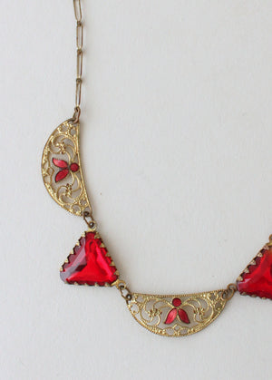 Vintage 1920s Red Glass and Enameled Necklace