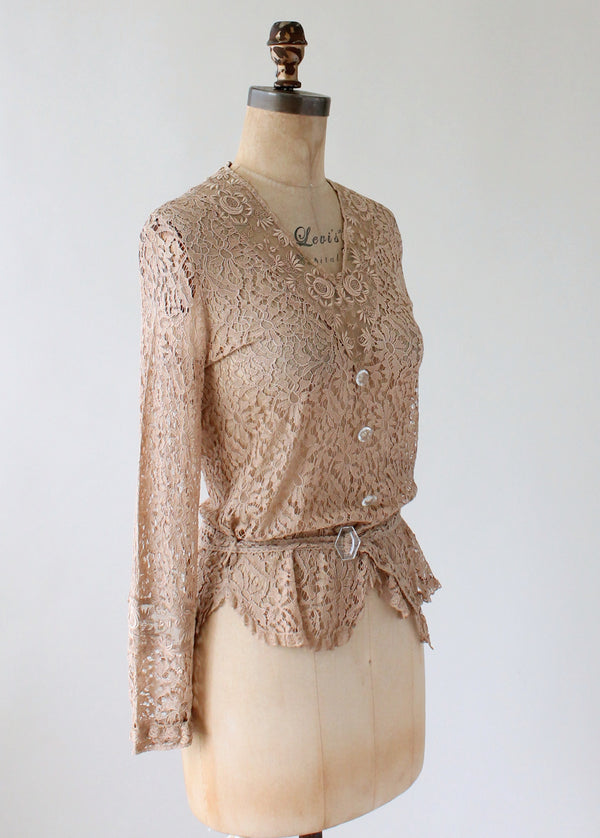 Vintage 1930s Nude Lace Blouse with Glass Buttons - Raleigh ...