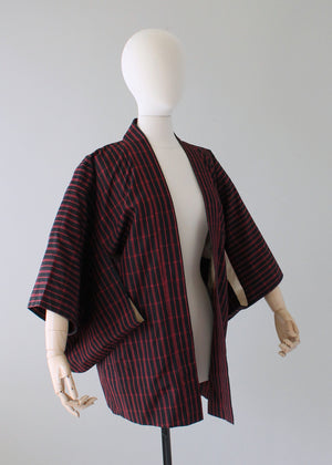 Vintage 1960s Red and Black Check Haori Kimono Jacket