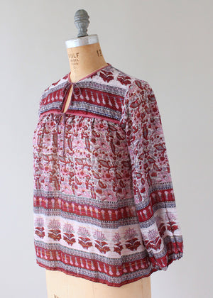 Vintage 1970s Indian Cotton Boho Shirt with Metallic Stripes