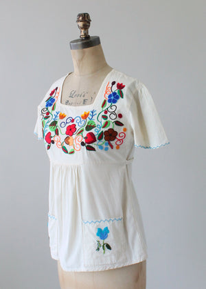 Vintage 1970s Embroidered Cotton Babydoll Shirt