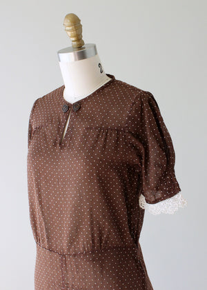 Vintage 1930s Brown Swiss Dot Day Dress