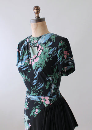 Vintage 1940s Floral Rayon Day Dress with Skirt Ruffle