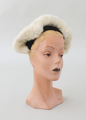 Vintage 1940s White Fur and Black Felt Hat