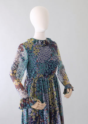 Vintage 1960s Floral Chiffon Long Sleeve Maxi Dress